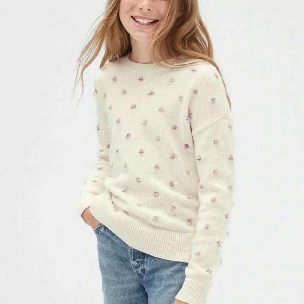 New gap kids sweater dots poms medium 8 cream pink tinsel nwt